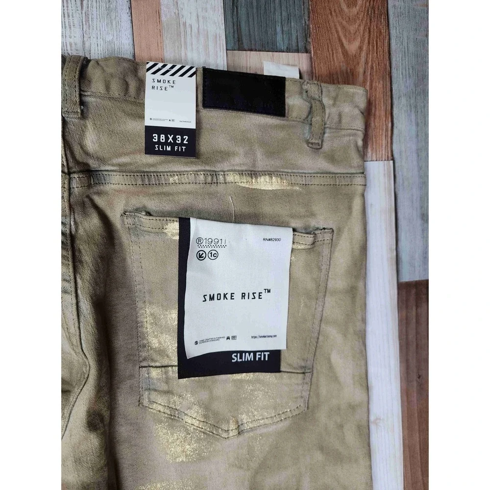 NWT Smoke Rise Gold Metallic‎ 5 Pocket Distressed Slim Fit Jeans Size 38x32